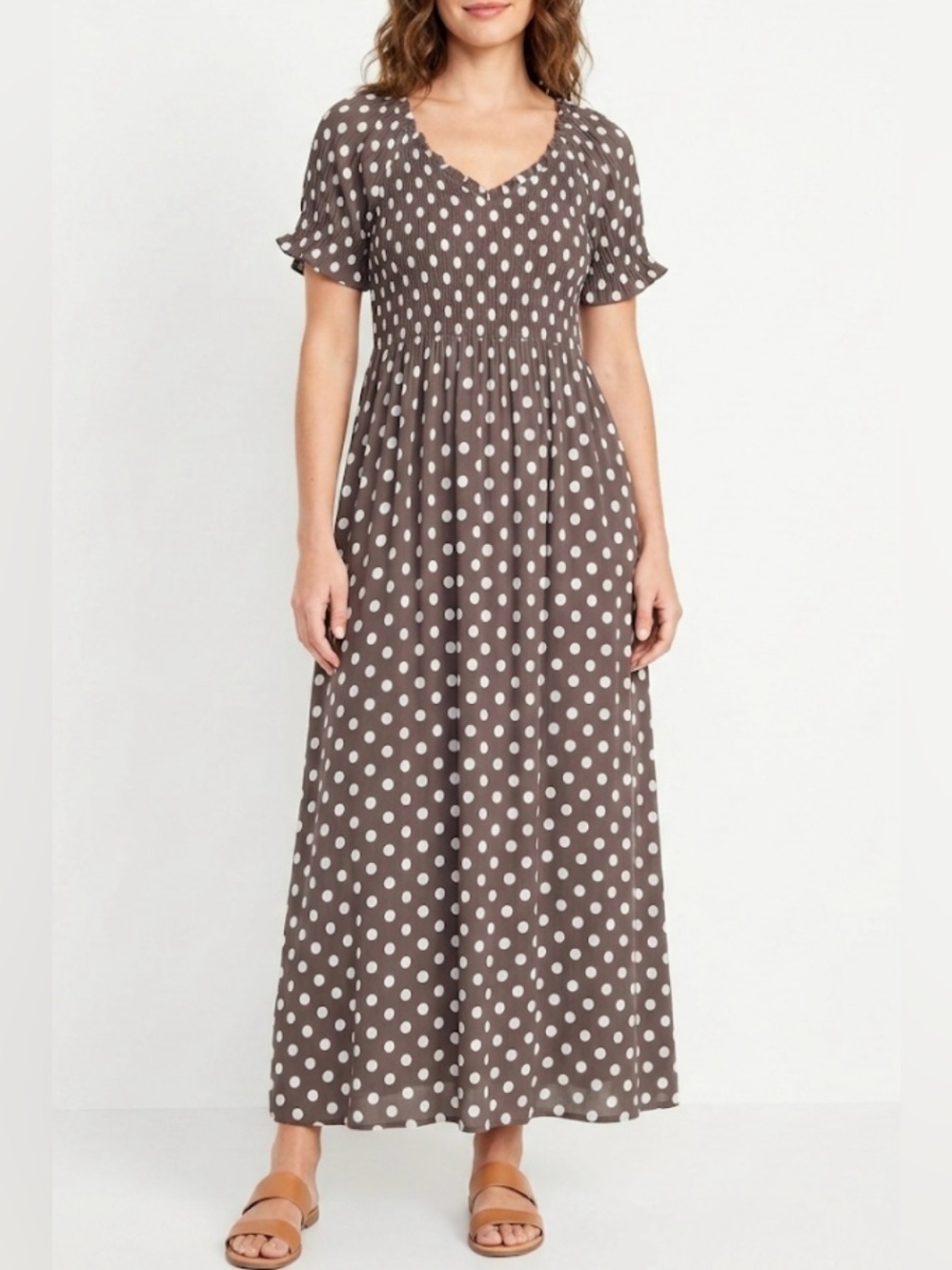 Robert Louis Polka Dot Plisse Maxi Dress V-Neck Ruffle Sleeve Size M